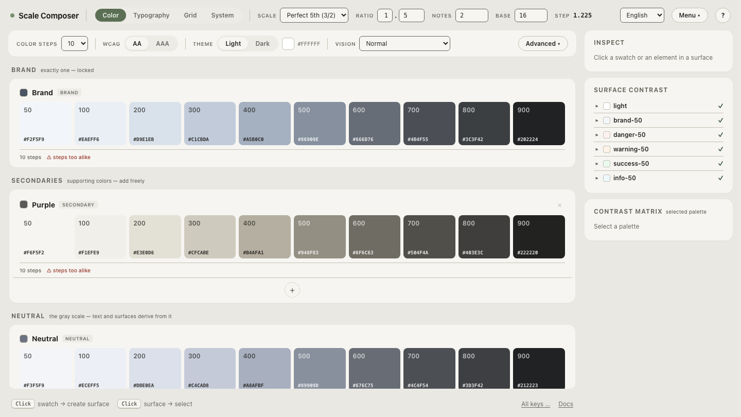 Scale Composer showing the same palette's text roles derived at the AA and AAA contrast targets side by side, with darkened AAA variants