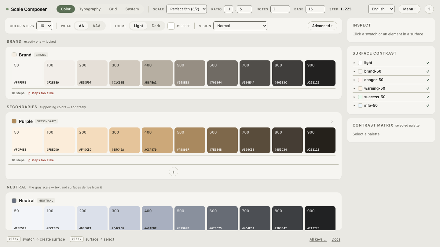 A composed OKLCH palette grouped into highlight, midtone, secondary and accent families, each tone labeled with a descriptive name and hex value