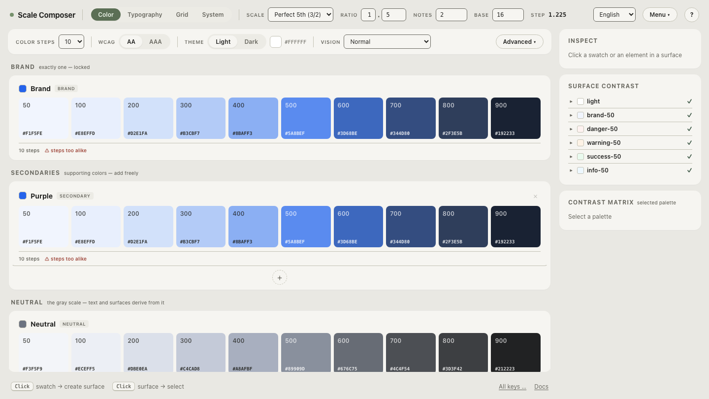 Five foreground colors checked against a near-black page in Scale Composer, showing WCAG ratios and APCA scores with pass and fail marks