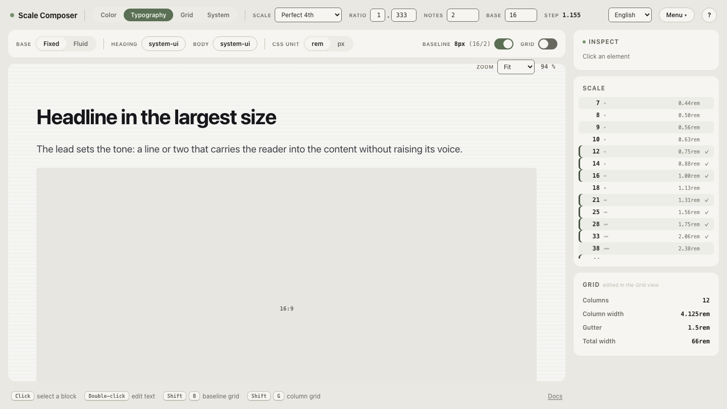 Type scale with line heights snapped to an 8px baseline unit: 16px body on a 24px line, larger sizes on 28, 36, 48 and 60px lines