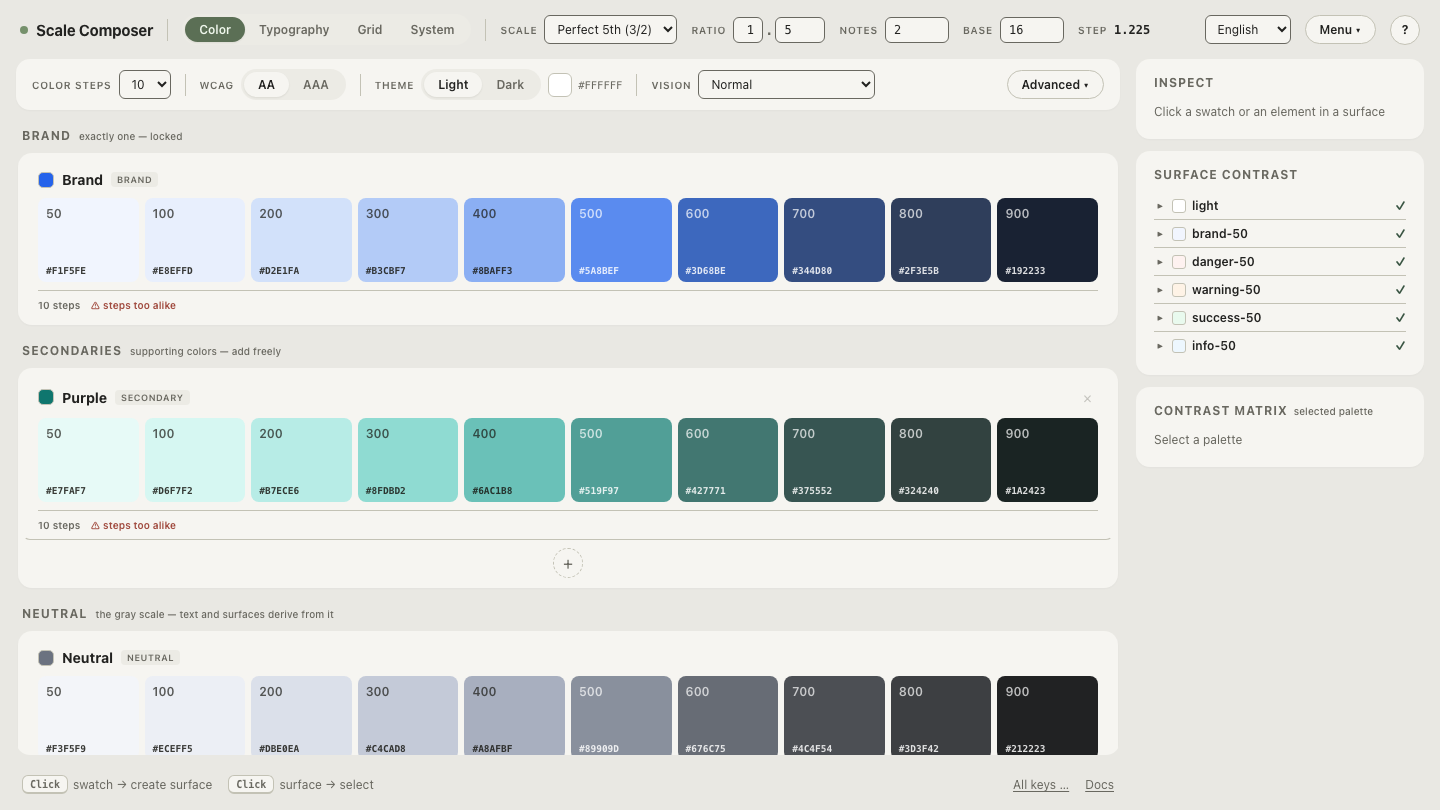 Old blue-seeded palette and new teal-seeded palette side by side in Scale Composer, showing the rebrand as a reviewable set of changed token values