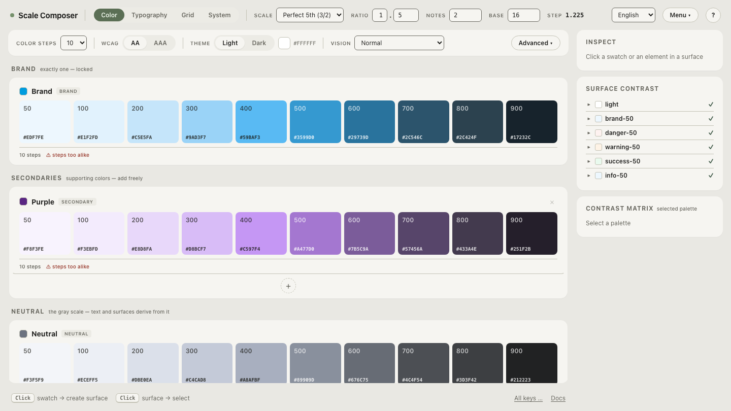 Three color swatches at identical chroma values shown on a white surface and a near-black surface, the dark versions reading visibly less vivid