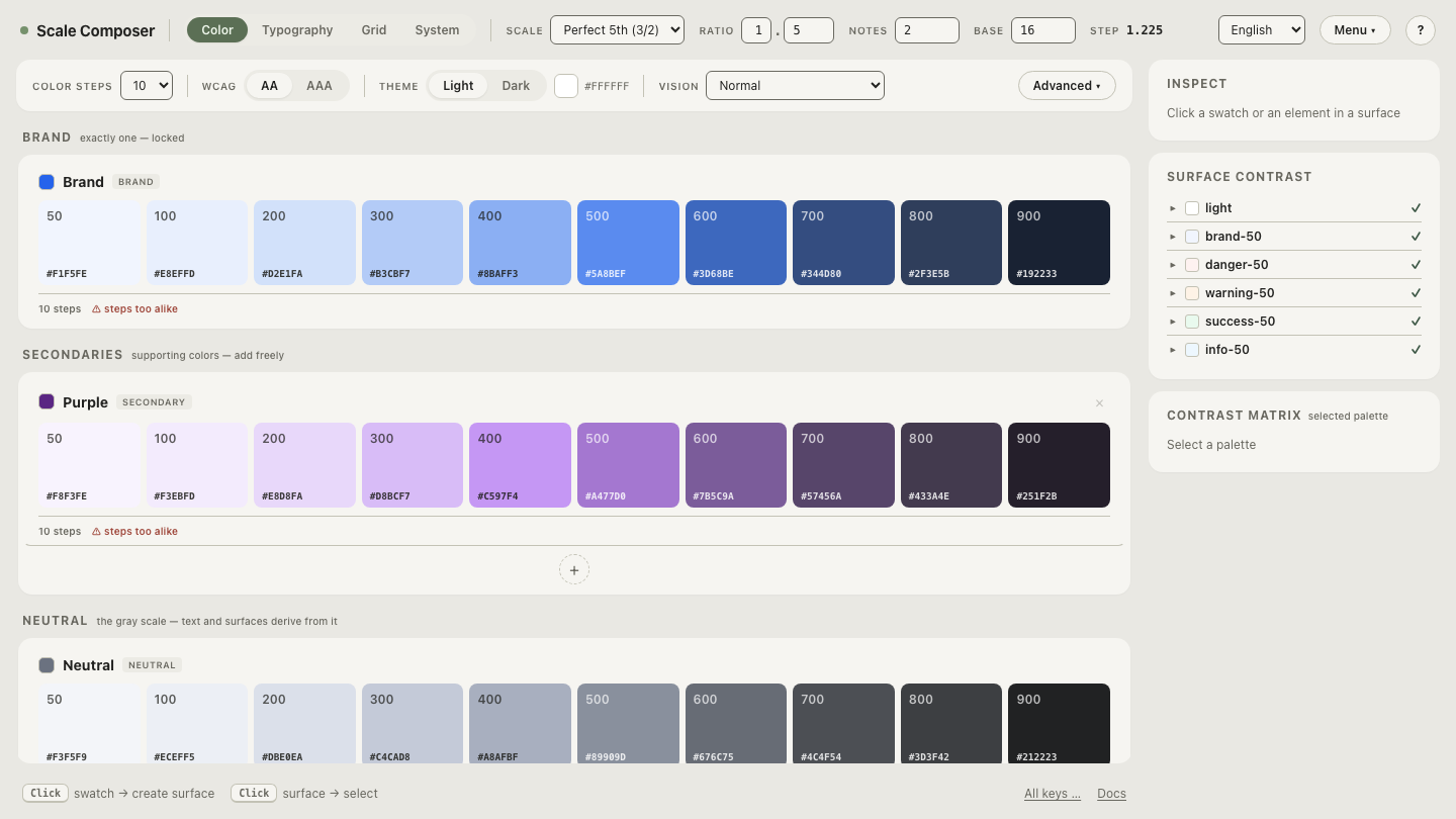 A palette in Scale Composer showing primitive ramps grouped as Brand, Secondaries, Neutral and Functional, with a surface's semantic roles pointing at specific steps