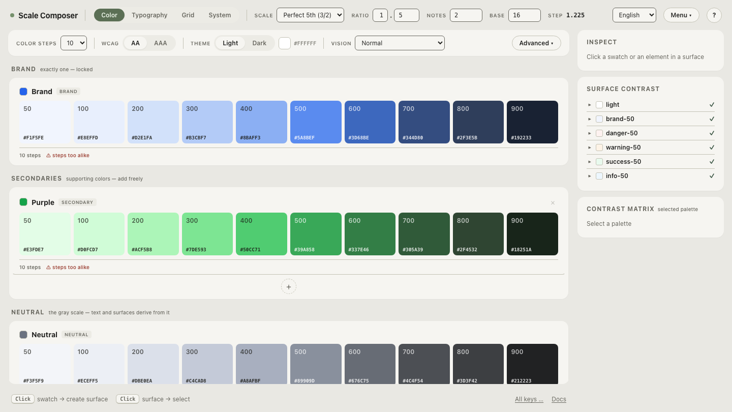 A blue-seeded and a green-seeded brand palette filling the same semantic role structure in Scale Composer, with contrast checks visible per role